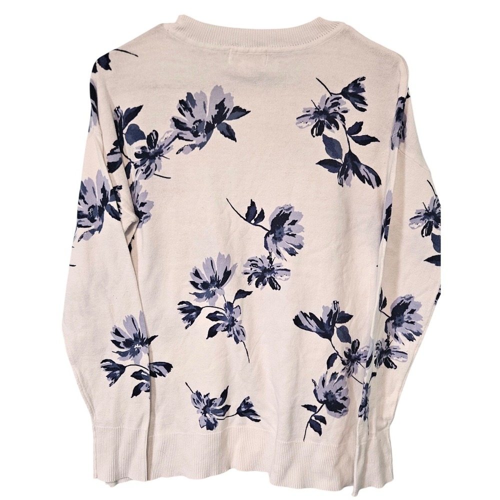 Liz Claiborne Womens White Blue Floral Cotton Blend Pullover Sweater Size M